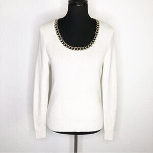WHBM cream ribbed sweater silver chain neckline size Medium